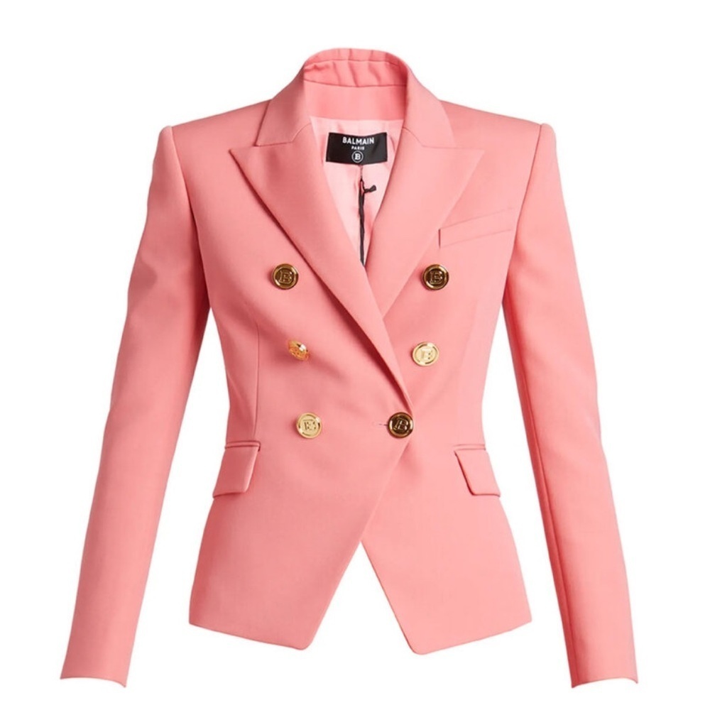 New Balmain Double-Breasted Wool Salmon Pink Blazer Size 34 - Picture 5 of 16